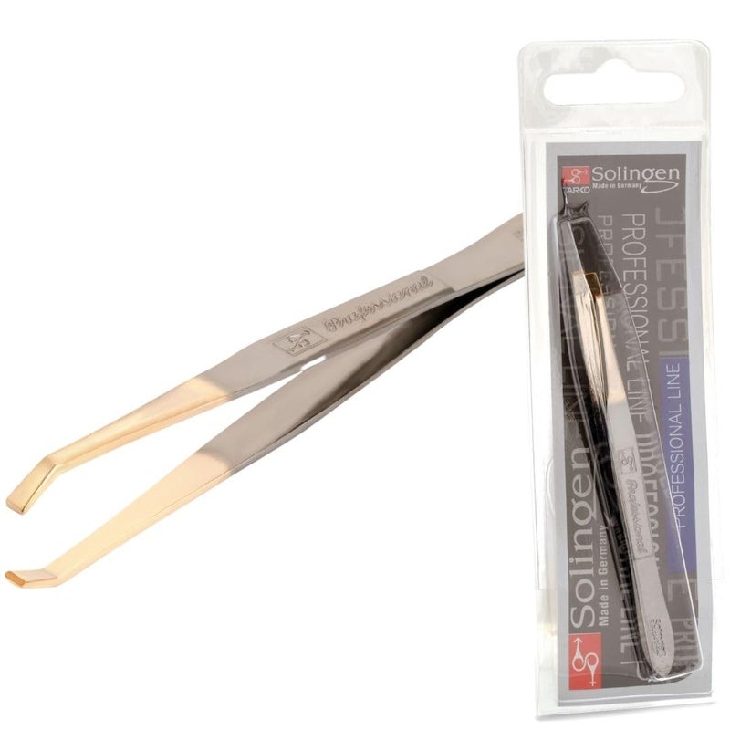 Solingen Tweezers for Eyebrows | Slanted Tip | Professional Stainless Steel |Slanted Tip Tweezers | Best Shaped for Eyebrows Extensions Chin Cheek Face Facial Hair | Made in Germany (Nickel-Gold) - Image 1